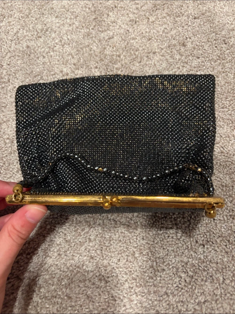 Vintage Whiting & Davis Metal Mesh Black Gold Evening Bag Copper Satin Lining